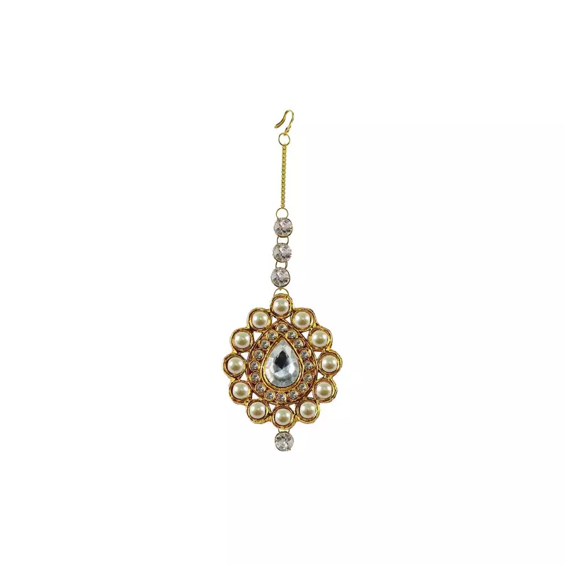 Brass Gold Platted  White Stone Studded  Maang Tikka