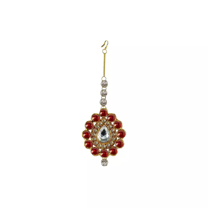 Brass Gold Platted  Red Stone Studded  Maang Tikka