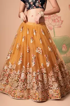 gold net lehenga set choli with dupatta with gold blouse and dupatta
