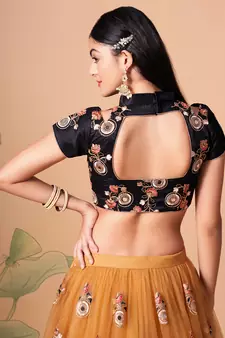 gold net lehenga set choli with dupatta with gold blouse and dupatta