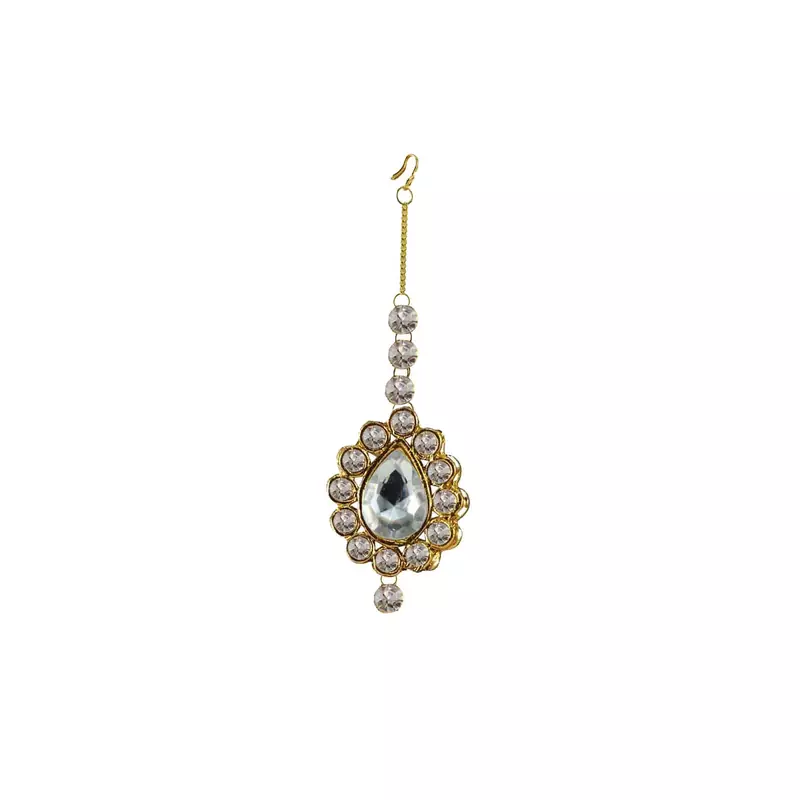 Brass Gold Platted  White Stone Studded  Maang Tikka