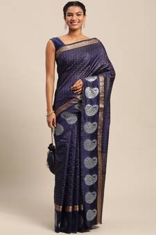 Dark Blue Woven Banarasi Saree With Blouse