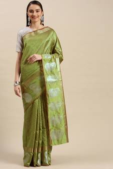 Dark Green Woven Banarasi Saree With Blouse