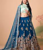 Amazing Dove Blue Net Bridesmaid Lehenga Choli with Gold Blouse and Dupatta