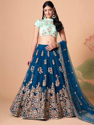 dove blue net lehenga set choli with dupatta with gold blouse and dupatta 2