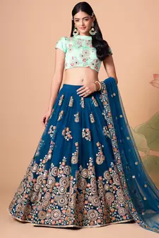 dove blue net lehenga set choli with dupatta with gold blouse and dupatta