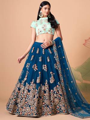 dove blue net lehenga set choli with dupatta with gold blouse and dupatta 3