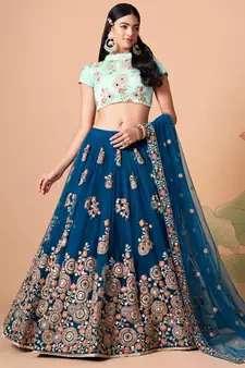 dove blue net lehenga set choli with dupatta with gold blouse and dupatta