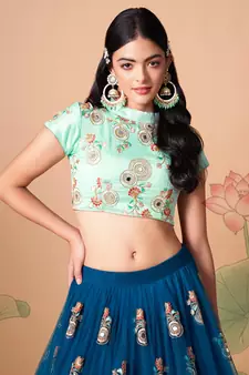 dove blue net lehenga set choli with dupatta with gold blouse and dupatta