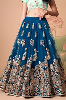 dove blue net lehenga set choli with dupatta with gold blouse and dupatta
