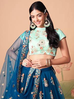dove blue net lehenga set choli with dupatta with gold blouse and dupatta 6