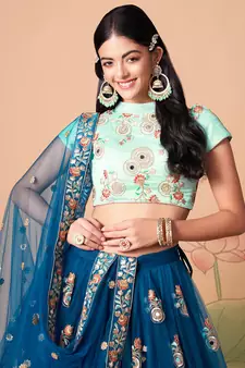 dove blue net lehenga set choli with dupatta with gold blouse and dupatta