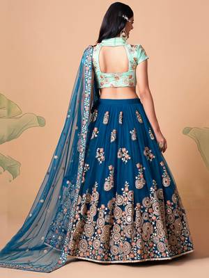 dove blue net lehenga set choli with dupatta with gold blouse and dupatta 7