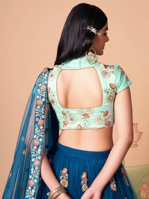 dove blue net lehenga set choli with dupatta with gold blouse and dupatta 8