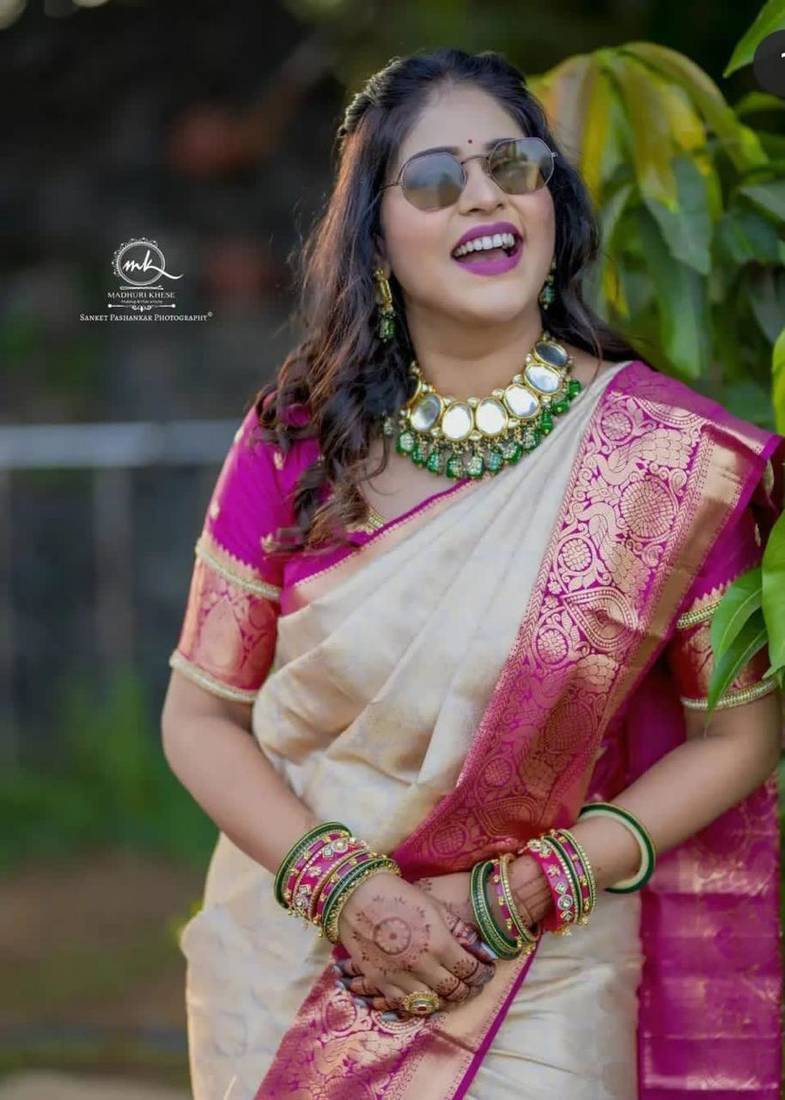 CREAM Dola Silk Saree with Heavy Border
