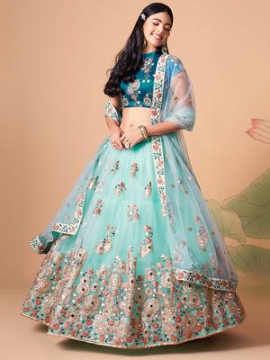 sky blue net lehenga set choli with dupatta with gold blouse and dupatta 1