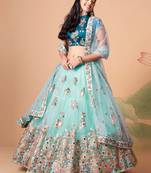 Amazing Sky Blue Net Bridesmaid Lehenga Choli with Gold Blouse and Dupatta