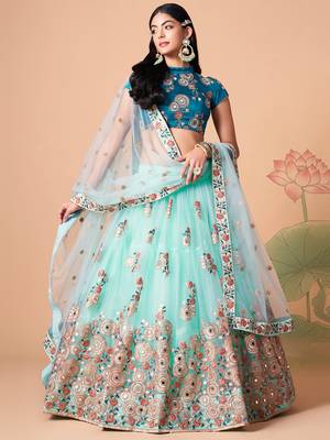 sky blue net lehenga set choli with dupatta with gold blouse and dupatta 2