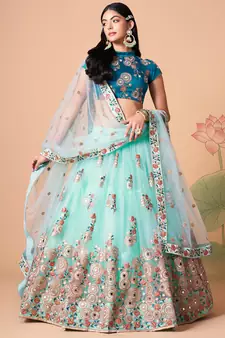sky blue net lehenga set choli with dupatta with gold blouse and dupatta