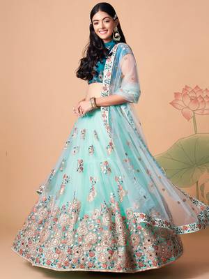 sky blue net lehenga set choli with dupatta with gold blouse and dupatta 3