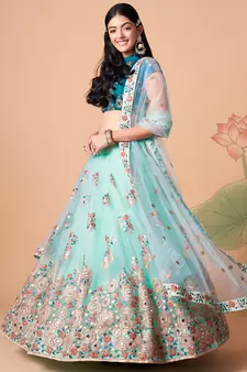 sky blue net lehenga set choli with dupatta with gold blouse and dupatta