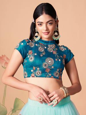 sky blue net lehenga set choli with dupatta with gold blouse and dupatta 4