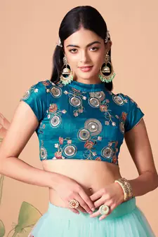 sky blue net lehenga set choli with dupatta with gold blouse and dupatta