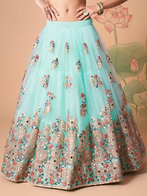 sky blue net lehenga set choli with dupatta with gold blouse and dupatta 5