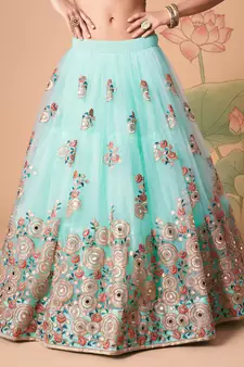 sky blue net lehenga set choli with dupatta with gold blouse and dupatta