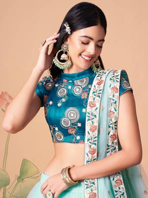 sky blue net lehenga set choli with dupatta with gold blouse and dupatta 6