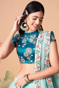 sky blue net lehenga set choli with dupatta with gold blouse and dupatta