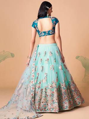 sky blue net lehenga set choli with dupatta with gold blouse and dupatta 7