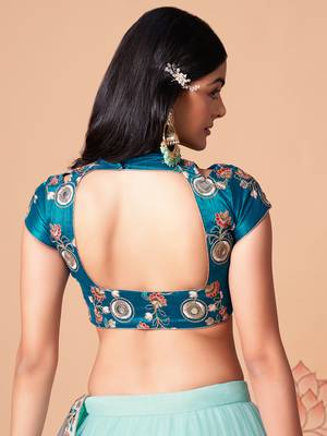 sky blue net lehenga set choli with dupatta with gold blouse and dupatta 8