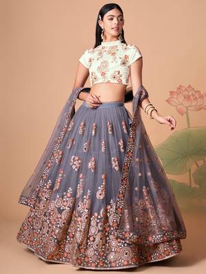 grey net lehenga set choli with dupatta with gold blouse and dupatta 1
