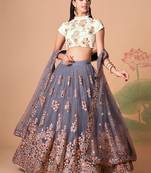 Amazing Grey Net Bridesmaid Lehenga Choli with Gold Blouse and Dupatta