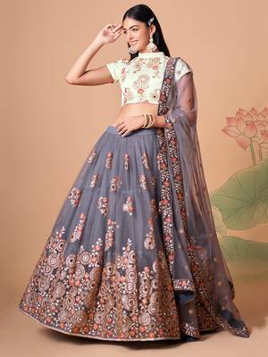 grey net lehenga set choli with dupatta with gold blouse and dupatta 2