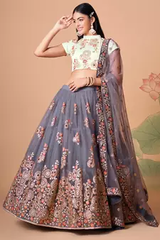 grey net lehenga set choli with dupatta with gold blouse and dupatta