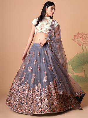 grey net lehenga set choli with dupatta with gold blouse and dupatta 3