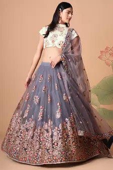 grey net lehenga set choli with dupatta with gold blouse and dupatta