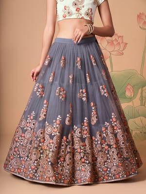 grey net lehenga set choli with dupatta with gold blouse and dupatta 4