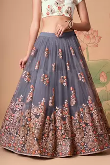grey net lehenga set choli with dupatta with gold blouse and dupatta