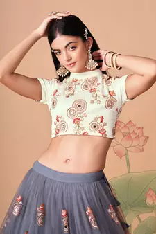 grey net lehenga set choli with dupatta with gold blouse and dupatta