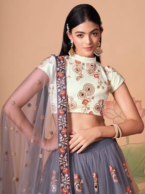 grey net lehenga set choli with dupatta with gold blouse and dupatta 6