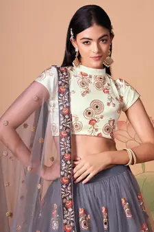 grey net lehenga set choli with dupatta with gold blouse and dupatta