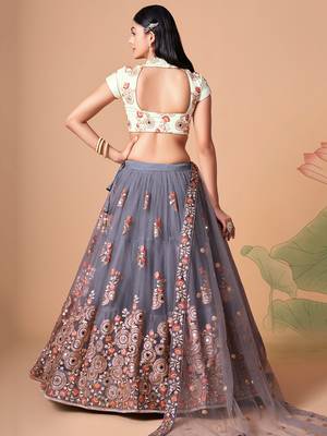 grey net lehenga set choli with dupatta with gold blouse and dupatta 7