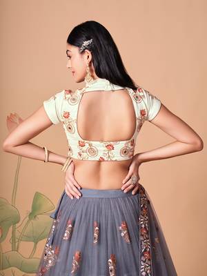 grey net lehenga set choli with dupatta with gold blouse and dupatta 8