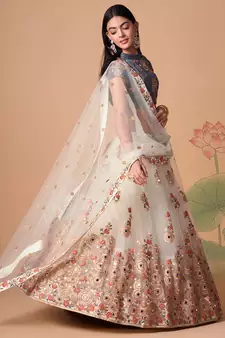 off white net lehenga set choli with dupatta with gold blouse and dupatta