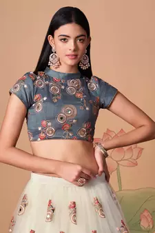 off white net lehenga set choli with dupatta with gold blouse and dupatta