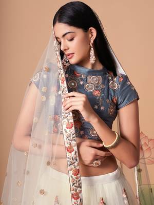 off white net lehenga set choli with dupatta with gold blouse and dupatta 4