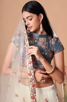 off white net lehenga set choli with dupatta with gold blouse and dupatta